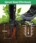 46 Inch Stand Up Weed Puller Tool, 4 Claw Weeder With Adjustable Handle uprooting weeds in garden with foot lever action.