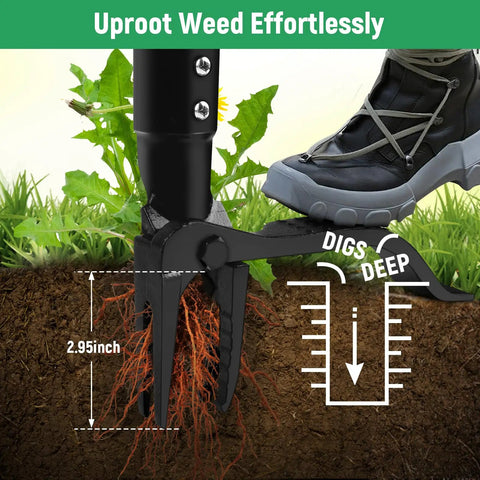46 Inch Stand Up Weed Puller Tool, 4 Claw Weeder With Adjustable Handle uprooting weeds in garden with foot lever action.