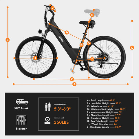 Dimensions chart of Cityone 26 Inch Electric Bike for Adults With 750W Peak Power, Step Through Frame, detailed measurements included.