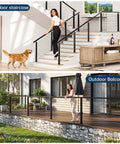 Hella Tough Six Foot Six Inch T304 Stainless Steel Handrail For Stairs With Sleek Matte Black Finish and Included Metal End Caps Mounting Hardware Four Pack in use on indoor staircase and outdoor balcony.