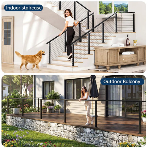 Heavy Duty Matte Black Stainless Steel Cable Railing Handrail Kit With Pom Connectors 12 Foot Guardrail System For Decks And Stairs No Sweat Install Bulletproof Build Clean Lines For Any Backyard Vibe on indoor staircase and outdoor balcony.