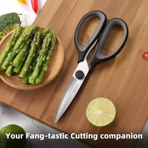 All Purpose Kitchen Scissors Workhorse Heavy Duty Stainless Steel Shears That Come Apart For Easy Cleaning With Soft Comfort Grip Handles 8.3 Inch Black Ultra Sharp Serrated Blades For Meat Fish Herbs And Food Prep, shown beside asparagus and lemon