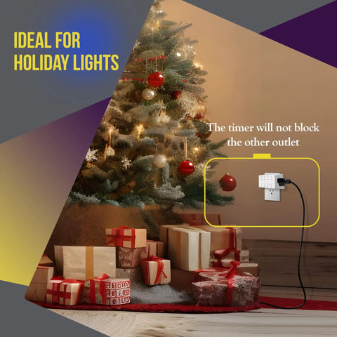 No Fuss Plug And Play Digital Outlet Timer Featuring An Eight Hour Countdown Switch With Daily Repeat Mode Bright Led Lights Sleek White Finish Zero Setup Required Truly Handy Indoor Switch For Everyday Home Gear beside a decorated Christmas tree with gifts.