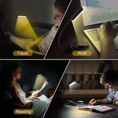 Gritin 9-LED rechargeable clip-on reading light, black with flexible neck for travel or study