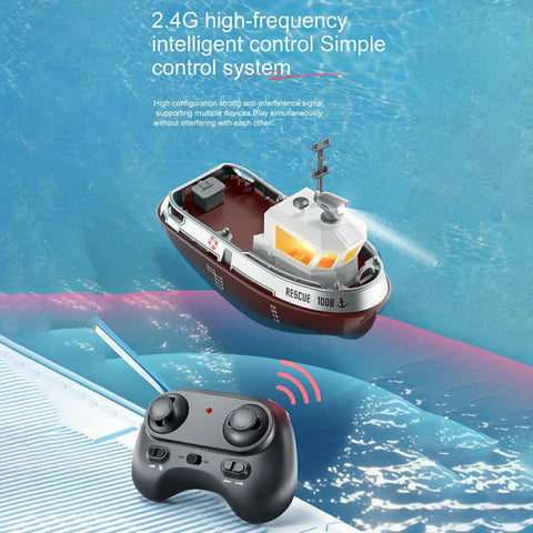 RC Tugboat Remote Control Boat For Pools And Lakes 2.4GHz Anti Interference Control LED Lights Rotating Searchlight