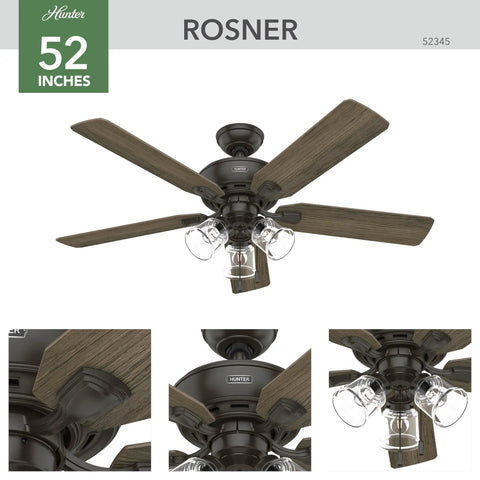 52 Inch Indoor Ceiling Fan With LED Lights And Pull Chain, Bronze Finish, 5 Blades, Includes 3 Inch Downrod