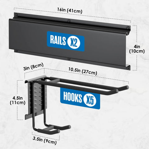 Kick Clutter To The Curb With This Heavy Duty Steel Ski Rack Wall Mount Organizer That Securely Holds Five Pair Of Boards And Keeps Your Gnarly Winter Gear Smooth Garage Ready For The Powder dimensions diagram showing two rails and five hooks.