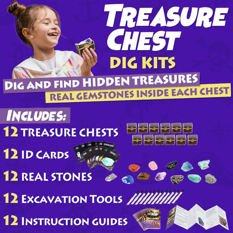 Treasure Chest Dig Kit Party Pack For 12 Kids With 12 Gems And Crystals Excavate Real Treasure Like A Pirate display