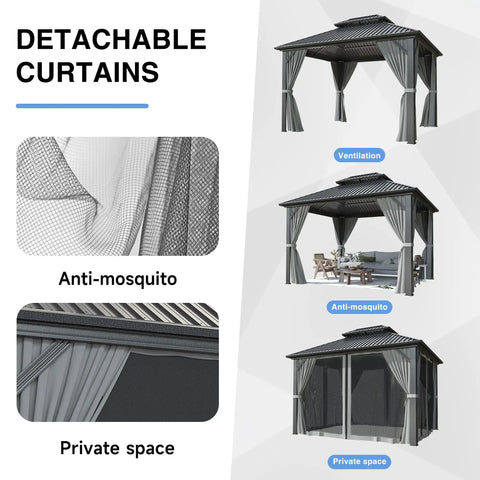 Hardtop Outdoor Gazebo With Aluminum Frame And Double Galvanized Steel Roof For Patio Backyard Or Deck Curtain Netting Included Dark Grey 10x12 Pergola Built To Weather The Elements showcasing privacy curtains and mosquito netting.