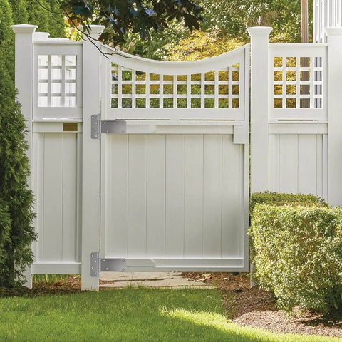 White gate with 6 Inch Heavy Duty Door Hinges Set With 280 Lbs Capacity, 4 Pack Gate Hinges Including Screws visible.
