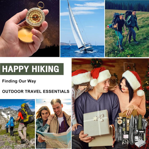 Collage showing compass, sailing, hiking, family gift and 20 In 1 Adventure Survival Kit For Camping And Hiking With Dope Wilderness Gear