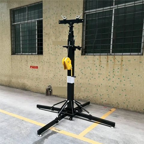 High Octane Heavy Duty Manual Winch Self Locking Vertical Mast Rises Four Meters and Crushes 200Kg Loads With Rock Solid Industrial Aluminum for stage rigging.