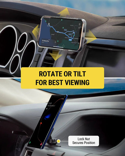 Magnetic Car Phone Mount For Dashboard With 360 Degree Swivel Head And Super Grippy Hold, Universal Phone Holder For Any Device shown installed.