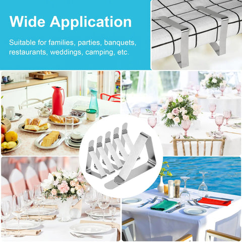 Heavy Duty Stainless Steel Tablecloth Clips 16 Pack For Outdoor Tables Stay Put No Slip Metal Picnic Table Clips To Secure Table Covers At Camping Trips Picnics Weddings And Parties shown in various table settings