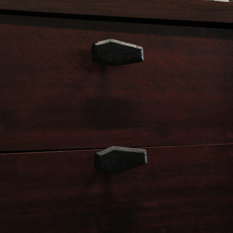 Gothic Black Cast Iron Coffin Drawer Pulls, 6-Piece Set installed on dark wood cabinet