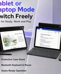 Android 16 Tablet 10.1 Inch 2 In 1 Bundle With Keyboard Wireless Mouse Stylus Leather Case Dual Cameras 24GB RAM 64GB ROM Plus 1TB Expansion Portable Laptop For Students And Business displayed in tablet and laptop mode.