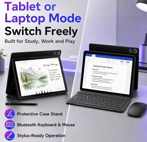 Android 16 Tablet 10.1 Inch 2 In 1 Bundle With Keyboard Wireless Mouse Stylus Leather Case Dual Cameras 24GB RAM 64GB ROM Plus 1TB Expansion Portable Laptop For Students And Business displayed in tablet and laptop mode.