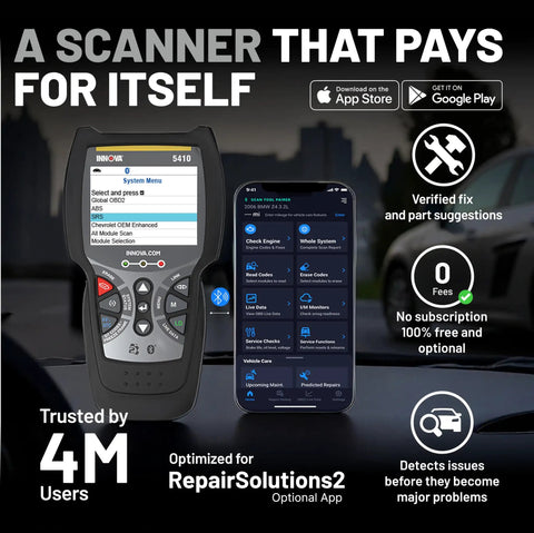 All System OBD2 Scanner For Cars And Trucks Bluetooth Diagnostic Tool For Engine ABS SRS And Transmission Full Vehicle Diagnostics Reads And Clears Codes Real Time Data Works With America Top Car Repair App with smartphone display on vehicle dashboard