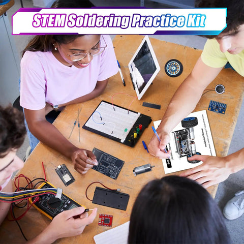 Hands On DIY Self Balancing Robot Car Kit For STEM Practice With ESP32 Board Ultrasonic Obstacle Avoidance And Soldering Practice WiFi And IR Dual Control Educational Electronics Kit For Teens And Kids 15 Plus, students assembling parts