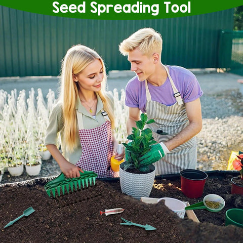 Couple using 7 Piece Seed Spreader Set With Twelve Hole Dibber in garden, planting and sowing tools, focus on gardening tools.