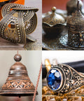 Four oxidized metal jewelry pieces: ornate cuff bracelet, filigree lidded container, hanging bell, and blue gem ring.