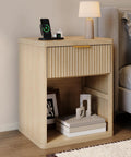 Fluted Nightstand With Built In Charging Station One Drawer And Open Storage Metal Handles Curved Edges Mid Century Modern Bedside Table For Bedroom Or Living Room Must Have next to bed with lamp and decor