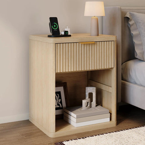 Fluted Nightstand With Built In Charging Station One Drawer And Open Storage Metal Handles Curved Edges Mid Century Modern Bedside Table For Bedroom Or Living Room Must Have next to bed with lamp and decor
