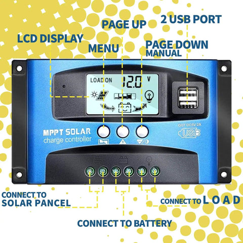 MPPT 100A Solar Charge Controller for 12V 24V Systems With Auto Focus Tracking Dual USB Ports LCD Display and connections