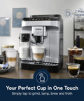 Magnifica Evo Automatic Espresso and Coffee Machine with Auto Milk Frother Built In Grinder Auto Clean Function Seven One Touch Drinks for Latte Cappuccino Americano Iced Coffee ECAM29084SB Silver on kitchen counter