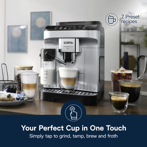 Magnifica Evo Automatic Espresso and Coffee Machine with Auto Milk Frother Built In Grinder Auto Clean Function Seven One Touch Drinks for Latte Cappuccino Americano Iced Coffee ECAM29084SB Silver on kitchen counter