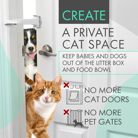 Adjustable Portable Door Lock With Heavy Duty Pet And Child Safety Latch lets cats roll around while locking out rowdy kids, showing a cat by a door.