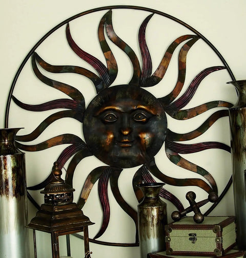 Metal Sun Face Wall Decor 36 Inch Round Wall Sculpture With Colorful Painted Accents For Indoor Outdoor Use Rustic Timeworn Brown Finish Open Frame Sun Rays No Assembly Required