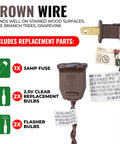 Brown wire with plug, clear mini Christmas string lights on brown wire cord for a cozy festive vibe, UL approved, replacement parts shown.