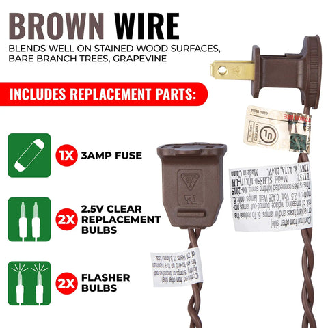 Brown wire with plug, clear mini Christmas string lights on brown wire cord for a cozy festive vibe, UL approved, replacement parts shown.