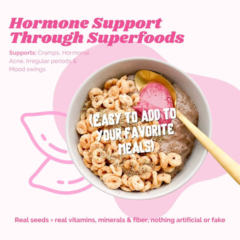 Bowl of cereal topped with Seed Cycling Kit For Women With Organic Seeds For Hormone Balance And Cycle Support Pre Ground Monthly Plant Based Nutrition Featuring Pumpkin Flax Sesame And Sunflower Blends No Fluff Easy Daily Ritual