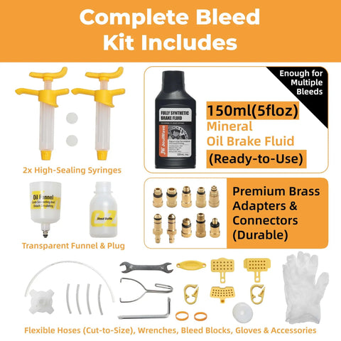 Complete Pro Grade Hydraulic Brake Bleed Kit With 150ml Mineral Oil And CNC Brass Adapters For Shimano Magura TEKTRO TRP