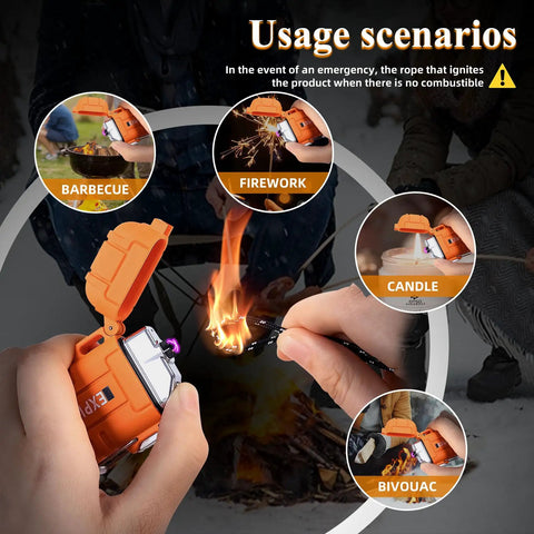 Waterproof Outdoor Lighter USB C Rechargeable Windproof Flameless Dual Arc Plasma Lighter for camping and emergency use, orange.