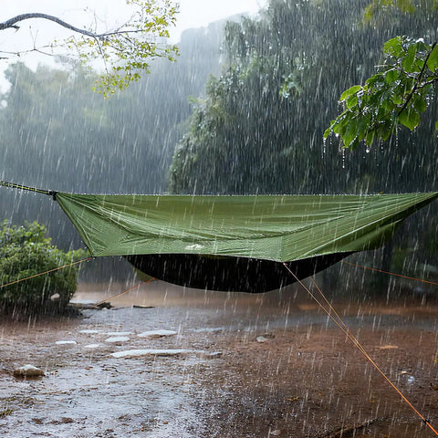 4 In 1 Camping Hammock Tent With Rain Fly And Mosquito Net For Adults set up in rain, green color, in forest
