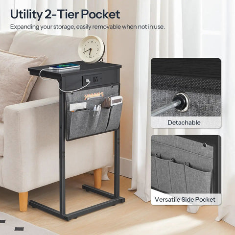 C Shaped End Table With Built In Charging Station For Small Spaces 28 Inch Tall Couch Side Table With 2 Tier Storage Pouch