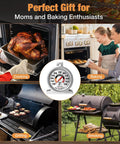Two Pack Oven Thermometer With 100 To 600 Fahrenheit Range in use with cooking, baking, grilling, and smoking scenes.