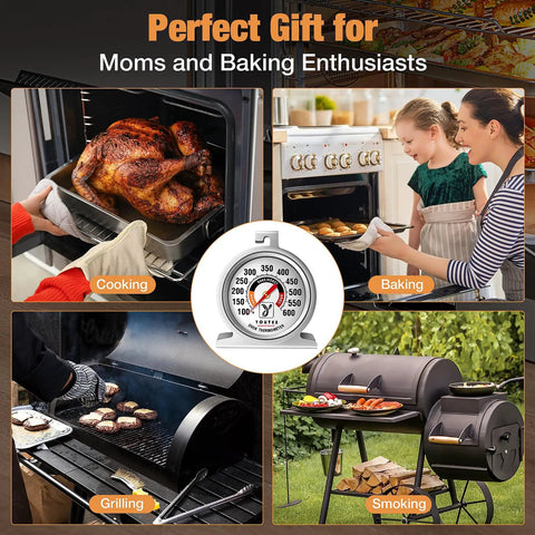 Two Pack Oven Thermometer With 100 To 600 Fahrenheit Range in use with cooking, baking, grilling, and smoking scenes.