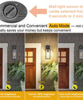 Diagram showing Two Pack Motion Sensor Outdoor Lights Modern Matte Black Wall Lanterns Porch Sconces in different brightness modes.
