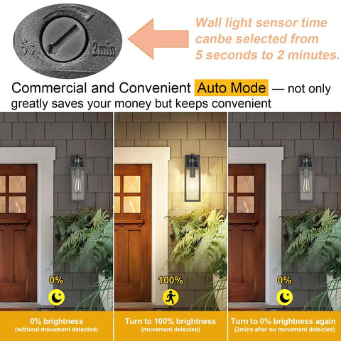 Diagram showing Two Pack Motion Sensor Outdoor Lights Modern Matte Black Wall Lanterns Porch Sconces in different brightness modes.
