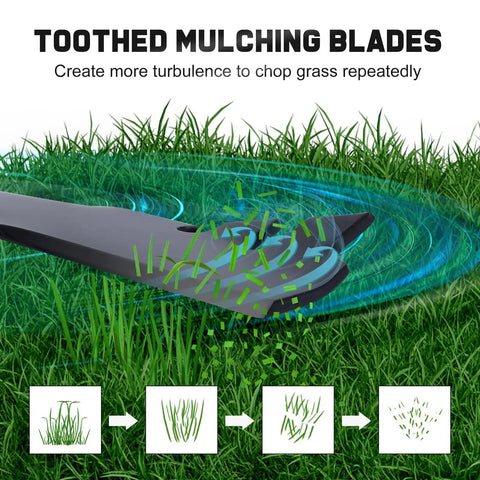 Close-up of toothed mulching blades cutting grass for 30 Inch Timemaster Mower Blades For Time Master Turfmaster 20120P 20199 20200 21199 21200 Replacement 120-9500-03 116-6358-03 2 Pack Durable Cut For Clean Lawn Performance And Long Blade Life