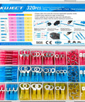 Kuject 320pcs heat shrink wire connector kit in plastic case; insulated red, blue, yellow terminals incl rings spades