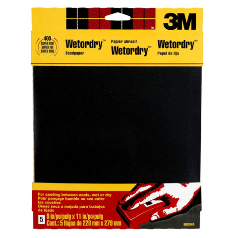Pro Grade 400 Grit Wet Sandpaper Sheets 9 Inch By 11 Inch Waterproof Paper packaging, 5 sheets for varnish lacquer paint finish.