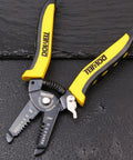 Two Piece Wire Stripping Tool Set For 10 To 22 AWG And 22 To 30 AWG Solid And Stranded Wires With Precision Stripping Holes Easy Read Markings Built In Wire Cutters For Clean Copper Cuts Electrician Grade Hand Tool displayed on a wet black surface.
