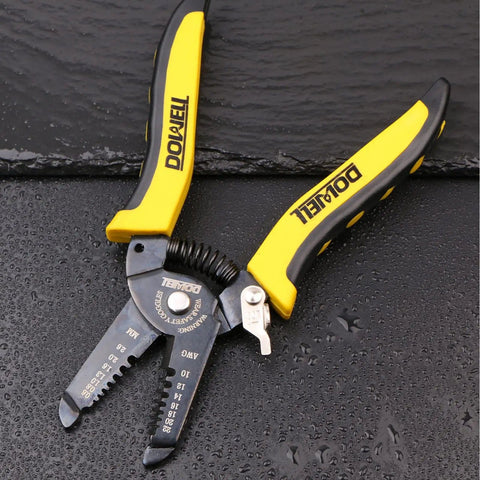Two Piece Wire Stripping Tool Set For 10 To 22 AWG And 22 To 30 AWG Solid And Stranded Wires With Precision Stripping Holes Easy Read Markings Built In Wire Cutters For Clean Copper Cuts Electrician Grade Hand Tool displayed on a wet black surface.