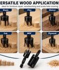Premium 8 Piece Wood Plug Cutter Drill Bit Set showing various wood applications on Maple, Pine, Oak, MDF, Walnut, and Plywood.
