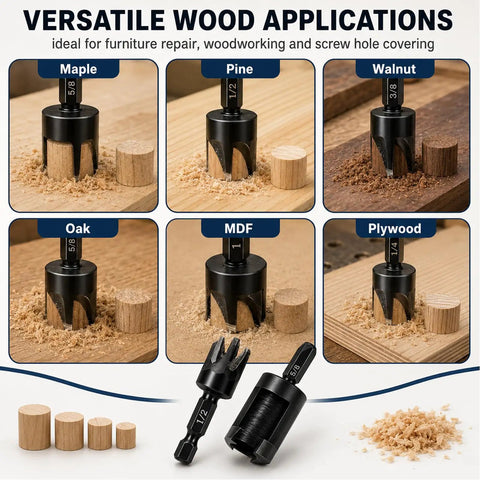 Premium 8 Piece Wood Plug Cutter Drill Bit Set showing various wood applications on Maple, Pine, Oak, MDF, Walnut, and Plywood.